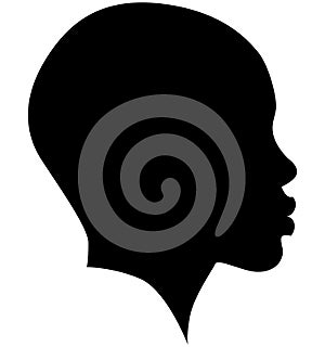 Black African American female, African woman profile picture. Girl from the side without hair with a shaved head, a bald head with