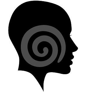 Black African American female, African woman profile picture. Girl from the side without hair with a shaved head, a bald head with