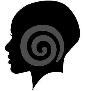 Black African American female, African woman profile picture. Girl from the side without hair with a shaved head, a bald head with