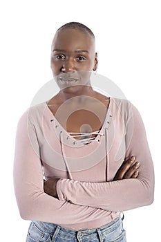 Black African American Female with Bald Hairstyle Looking Confident