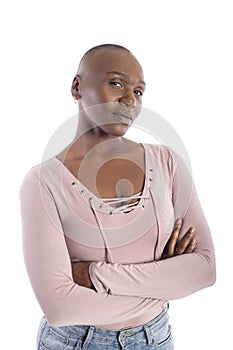 Black African American Female with Bald Hairstyle Looking Doubtful