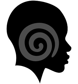 Black African American female, African woman profile picture. Girl from the side without hair with a shaved head, a bald head with