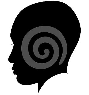 Black African American female, African woman profile picture. Girl from the side without hair with a shaved head, a bald head with