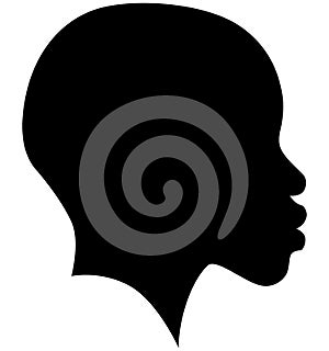 Black African American female, African woman profile picture. Girl from the side without hair with a shaved head, a bald head with