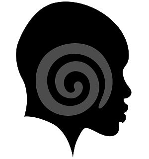 Black African American female, African woman profile picture. Girl from the side without hair with a shaved head, a bald head with