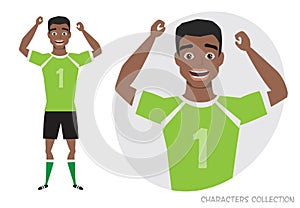 Black african american football character. Soccer player. Emotion of joy and glee on the man face.