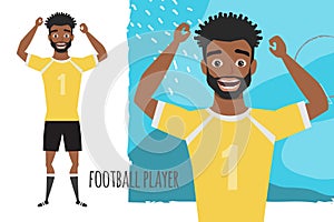 Black african american football character. Soccer player. Emotion of joy and glee on the man face.