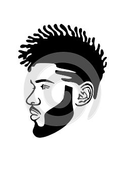 Vector silhouette of man head face portrait with curls hairstyle and beard