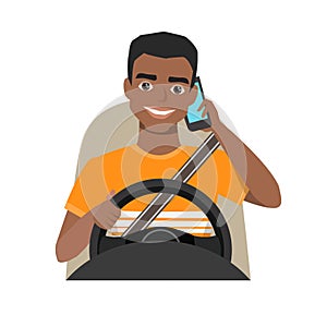 Black african american man driving a car talking on the phone