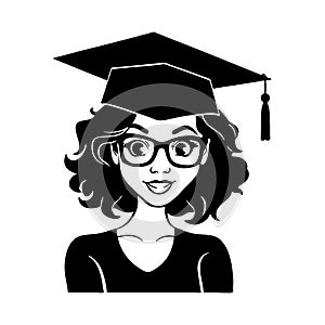 Black african american smiling girl in graduation hat. Female student black silhouette. Vector illustration on white isolated