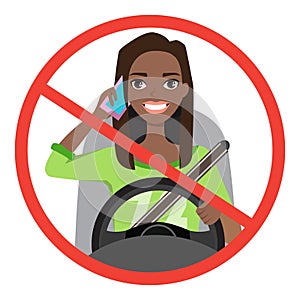 Black african american woman driving a car talking on the phone. sign stop danger