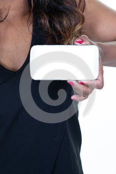 Black african american woman hand holding smartphone phone Technology with blank screen empty