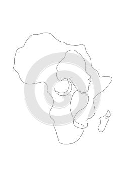 Black African Woman in line art style, continuous line drawing of Afro woman and African continent map. Vector linework tattoo photo
