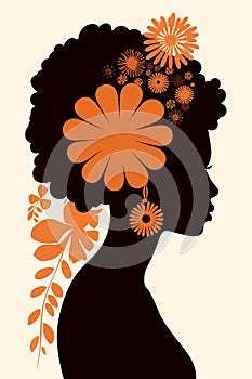 Black African woman with orange color flowers, silhouette vector illustration. Boho poster design