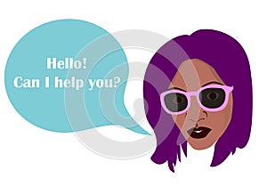 Black african woman`s silhouette and comics balloon with text Hello, can I help you? template for any text