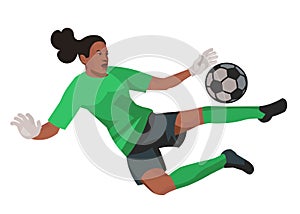 Black african women's football goalkeeper in green t-shirt jumps to avoid missing the ball