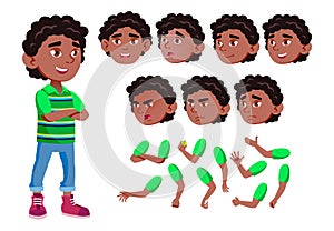 Black, Afro American Boy, Child, Kid, Teen Vector. Joy. Comic. Face Emotions, Various Gestures. Animation Creation Set