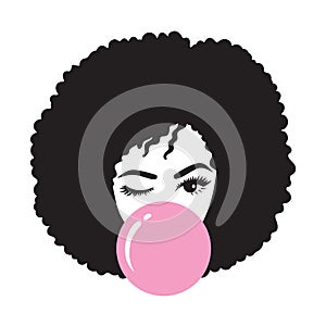 Black Afro Woman Blowing Bubble Gum