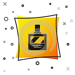Black Aftershave icon isolated on white background. Cologne spray icon. Male perfume bottle. Yellow square button