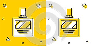 Black Aftershave icon isolated on yellow and white background. Cologne spray icon. Male perfume bottle. Random dynamic