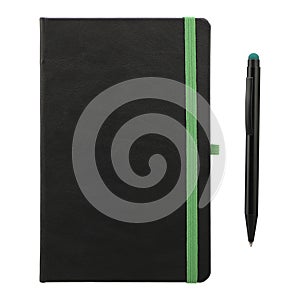 Black agenda and pen over a white background, isolated background