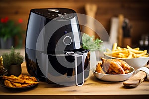 a black air fryer or oil free fryer appliance is on the wooden table in the kitchen with deep fried banana chips