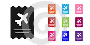 Black Airline ticket icon isolated on white background. Plane ticket. Set icons colorful. Vector Illustration