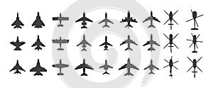 Black airplanes top view. Military jet fighter and civil aviation cargo and passenger planes silhouette icons aerial
