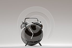Black alarm clock on bright monchrome background. Minimalistic style. Time to begin new day and new life. 3d rendering