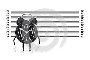 Black Alarm Clock Character Mascot in front of Police Lineup or Mugshot Background. 3d Rendering