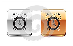 Black Alarm clock icon isolated on white background. Wake up, get up concept. Time sign. Silver and gold square buttons