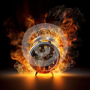 A black alarm clock with large numbers on a dark background surrounded by burning hot particles