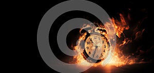 A black alarm clock with large numbers on a dark background surrounded by burning hot particles