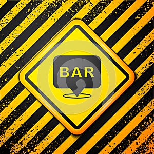Black Alcohol or beer bar location icon isolated on yellow background. Symbol of drinking, pub, club, bar. Warning sign