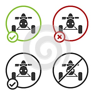 Black All Terrain Vehicle or ATV motorcycle icon isolated on white background. Quad bike. Extreme sport. Circle button