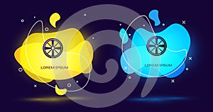 Black Alloy wheel for a car icon isolated on black background. Abstract banner with liquid shapes. Vector