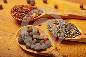 Black allspice, coarse salt and various ground spices in wooden spoons on a wooden Board. Close up