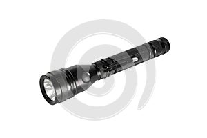 Black aluminium flashlight isolated on white