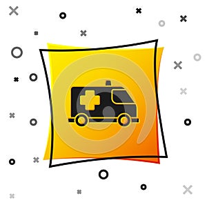 Black Ambulance and emergency car icon isolated on white background. Ambulance vehicle medical evacuation. Yellow square