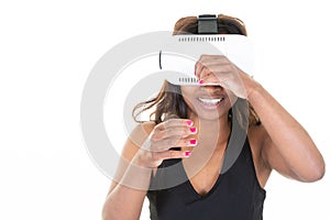 Black american african young woman wearing virtual reality goggles aside copy space