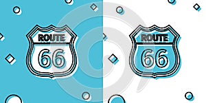 Black American road icon isolated on blue and white background. Route sixty six road sign. Random dynamic shapes. Vector