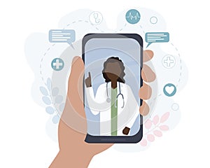 A black American woman doctor talks to a patient online. Video communication and messages. Medical consultations, exams, treatment