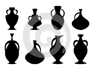 Black amphorae set isolated on white background. Amphora silhouettes. Ancient greek jars and amphorae. Design of amphora for