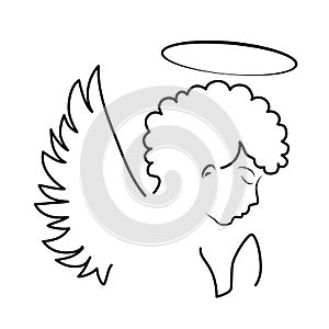Black angel silhouette on white background. Religious symbol. Line sketch.