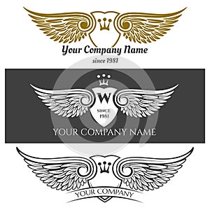 Black angel wings logo set. Vector winged labels with crowns and heraldic shields on background