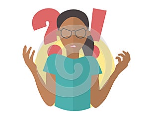 Black angry girl in glasses. Woman in rage. Flat design icon