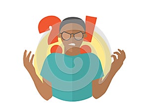 Black angry man in glasses. Guy in rage. Flat design icon. Simply editable isolated vector illustration