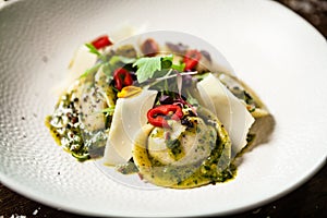 Black Angus hand-made dumplings. Cucumber-julienne with chilli-garlic butter or beef stock with sour cream. Delicious