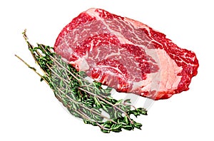 Black angus rib eye raw beef steak Isolated on white background, top view.