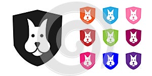 Black Animal health insurance icon isolated on white background. Pet protection concept. Dog or cat paw print. Set icons